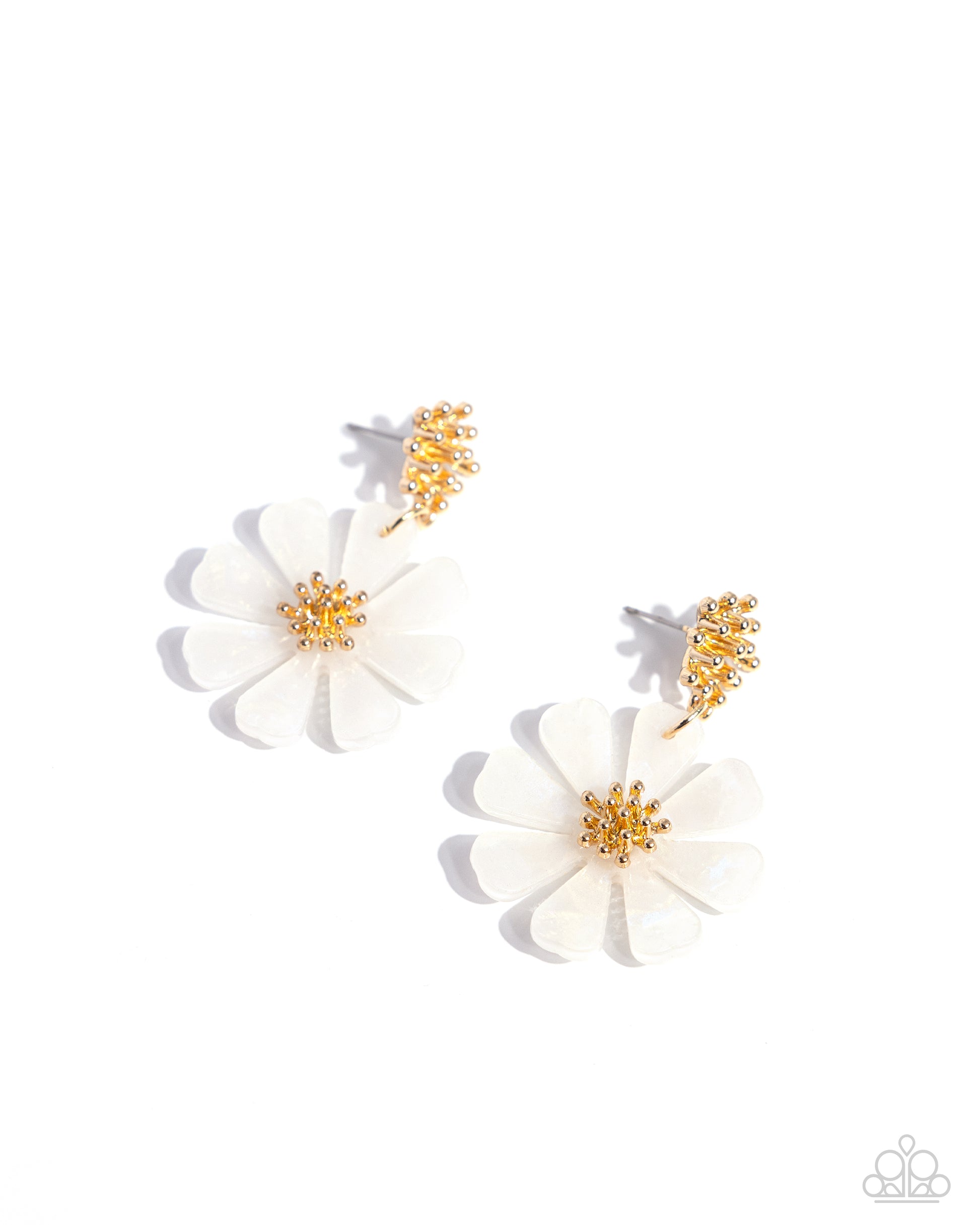 Poetically Pastel White Flower Post Earring - Paparazzi Accessories A collection of tactile gold studs gives way to an acrylic, pastel-patterned white flower that also blooms around a gold studded center, infusing the design with whimsical, soft movement. Earring attaches to a standard post fitting. Sold as one pair of post earrings. P5PO-WTXX-427AR