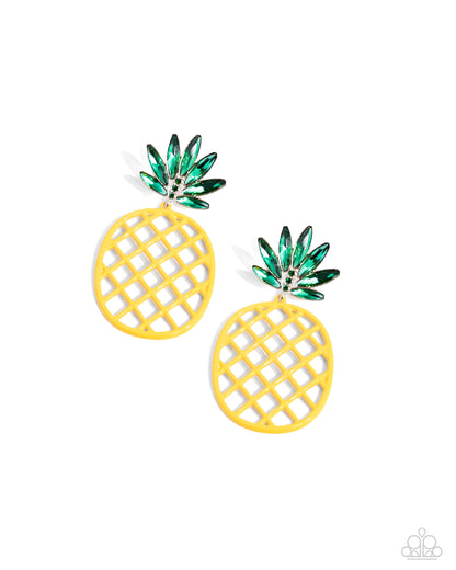Pineapple Passion Yellow Post Earring - Paparazzi Accessories Pressed in gold frames, a collection of green elongated oval gems fan out around the ear from a trio of three dainty green rhinestones. The green bejeweled array gives way to a yellow airy frame, resembling an oversized pineapple for a fruity finish. Earring attaches to a standard post fitting. Sold as one pair of post earrings. SKU: P5PO-YWXX-040XX