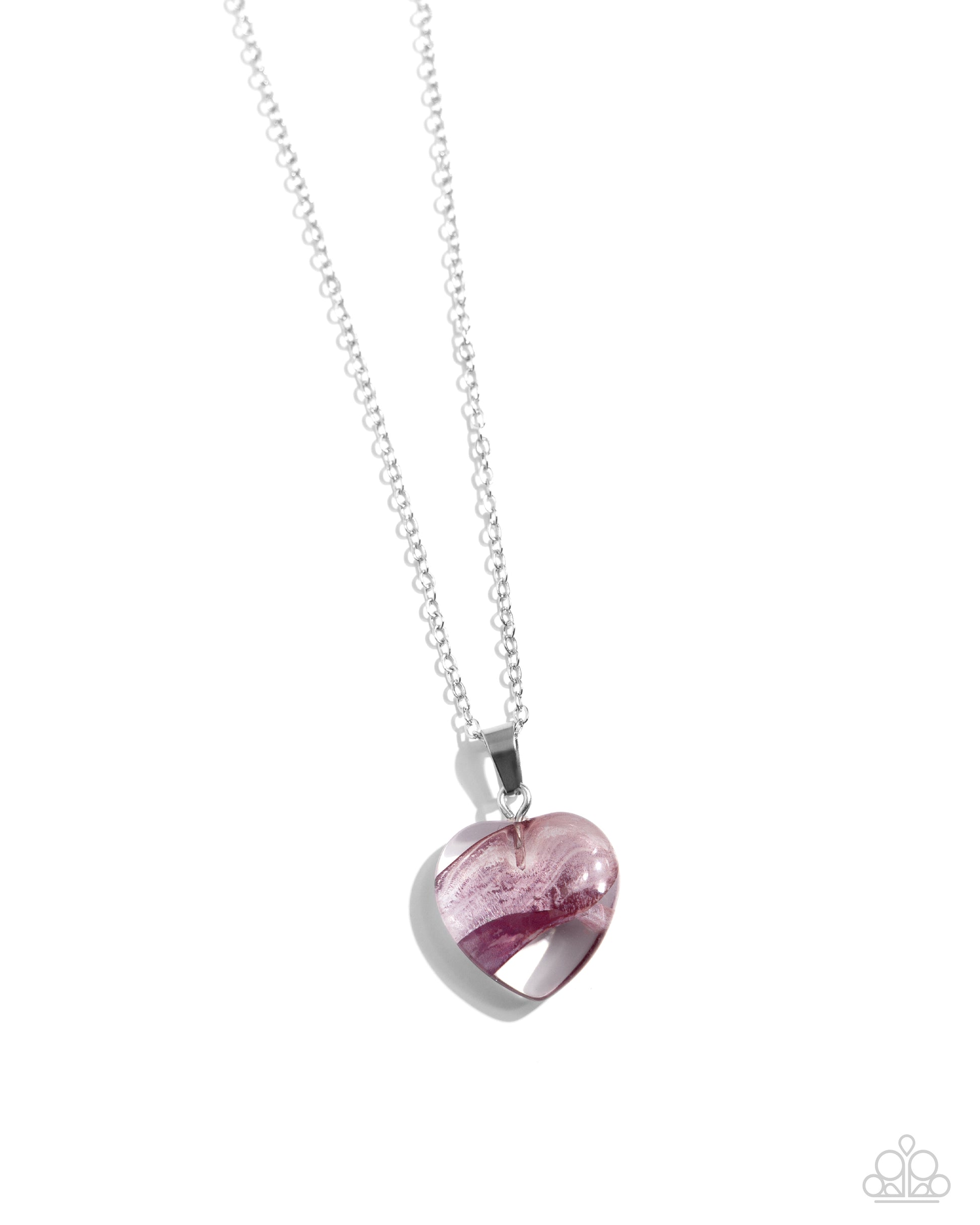 HEART Exhibition Purple Necklace - Paparazzi Accessories Featuring a swirl of purple detail, a clear acrylic heart pendant glides along a dainty silver chain cascading below the neckline for an adorably abstract statement. Features an adjustable clasp closure. Sold as one individual necklace. Includes one pair of matching earrings. SKU: P2DA-PRXX-156XX