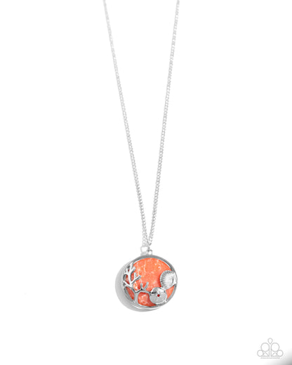 Opulent Ostentation Orange Necklace - Paparazzi Accessories  Featuring an orange stone center, various silver ocean-inspired charms, including a seashell, sand dollar, and aquatic plant create a delicate overlay that connects to the silver pendant for a classy coastal display. Features an adjustable clasp closure. As the stone elements in this piece are natural, some color variation is normal.  Sold as one individual necklace. Includes one pair of matching earrings.  P2SE-OGXX-303XX