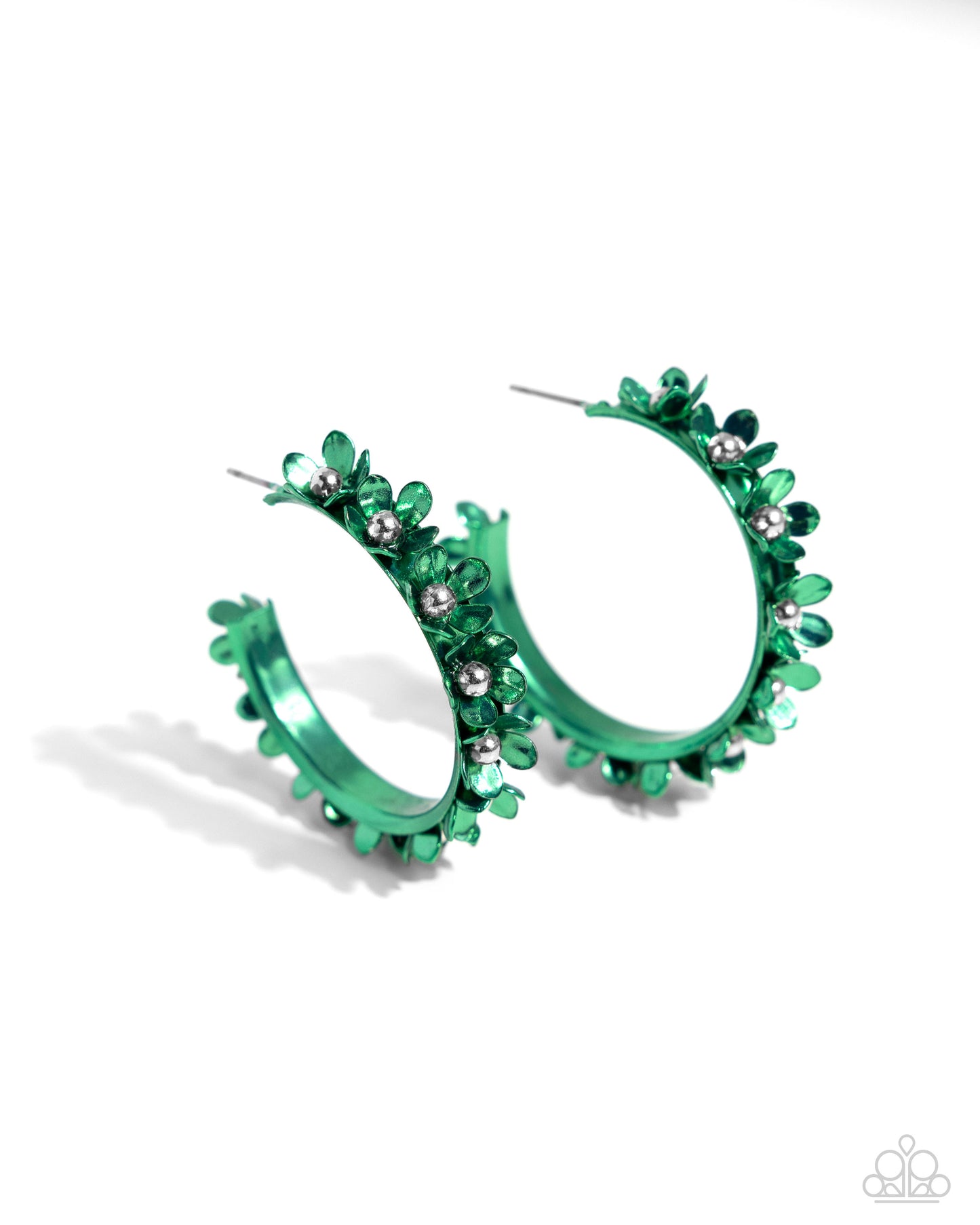 Fashionable Flower Crown Green Hoop Earring - Paparazzi Accessories Dipped in an emerald hue, a hollowed-out hoop curls around the ear. Featuring silver beaded centers, metallic emerald flowers bloom along the curl of the hollow of the hoop for a fashionable display. Earring attaches to a standard post fitting. Hoop measures approximately 1 1/4" in diameter. Sold as one pair of hoop earrings. SKU: P5HO-GRXX-035XX
