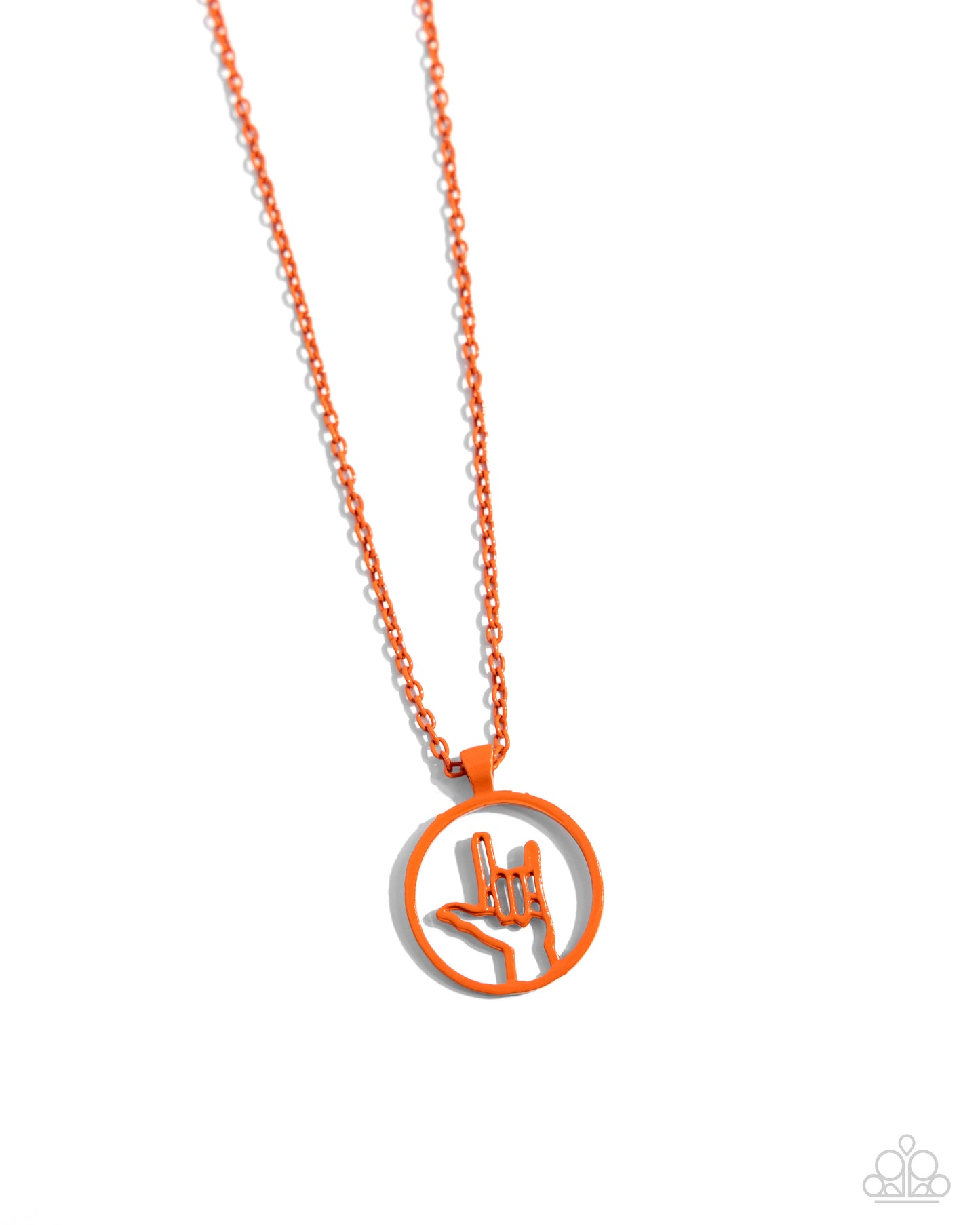 Abstract ASL Orange "I Love You" Necklace - Paparazzi Accessories Dipped in a vibrant orange hue, an airy pendant featuring an ASL "I love you" sign glides along a dainty chain for a colorful, visually interesting display. Features an adjustable clasp closure. Sold as one individual necklace. Includes one pair of matching earrings. SKU: P2DA-OGXX-086XX
