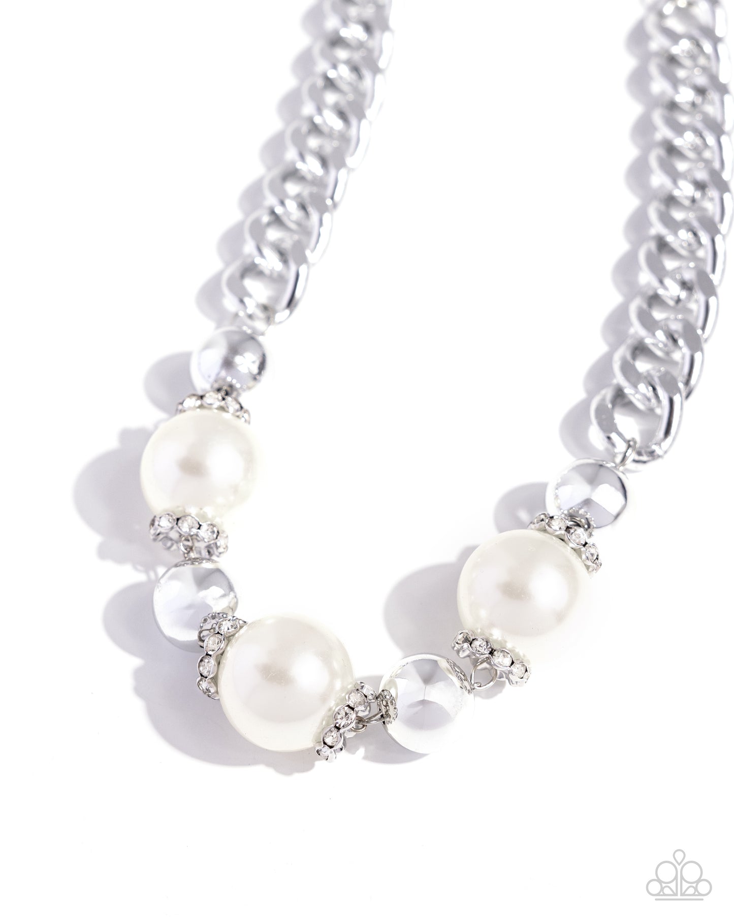 Generously Glossy White Pearl Necklace - Paparazzi Accessories Oversized, high-sheen silver curb chain links gives way to a collection of oversized white pearls, silver beads, and white rhinestone-encrusted silver rings for a glamorously glossy look. Features an adjustable clasp closure. Sold as one individual necklace. Includes one pair of matching earrings. SKU: P2ST-WTXX-155XX
