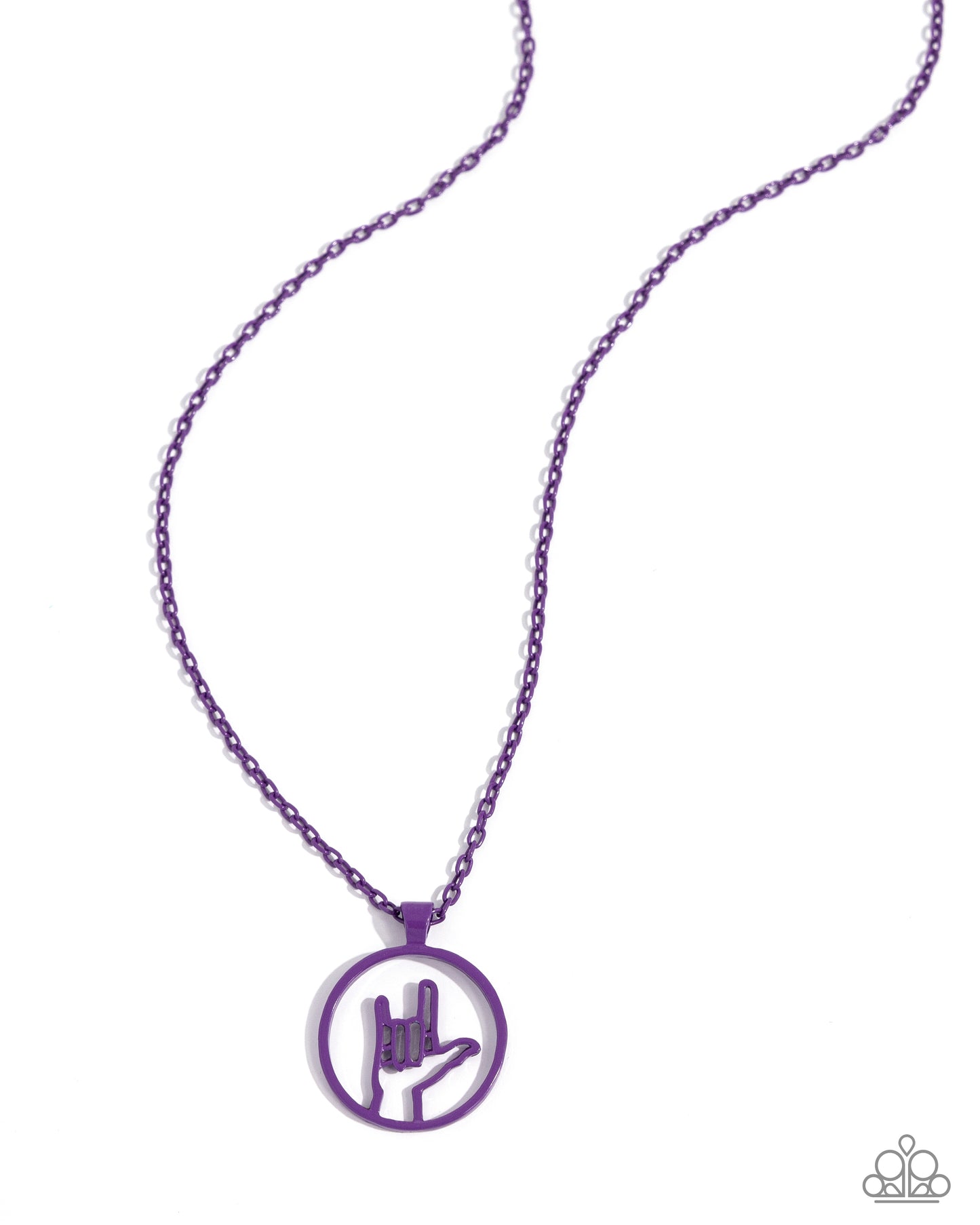Abstract ASL Purple "I Love You" Necklace - Paparazzi Accessories Dipped in a vibrant purple hue, an airy pendant featuring an ASL "I love you" sign glides along a dainty chain for a colorful, visually interesting display. Features an adjustable clasp closure. Sold as one individual necklace. Includes one pair of matching earrings. SKU: P2DA-PRXX-153XX