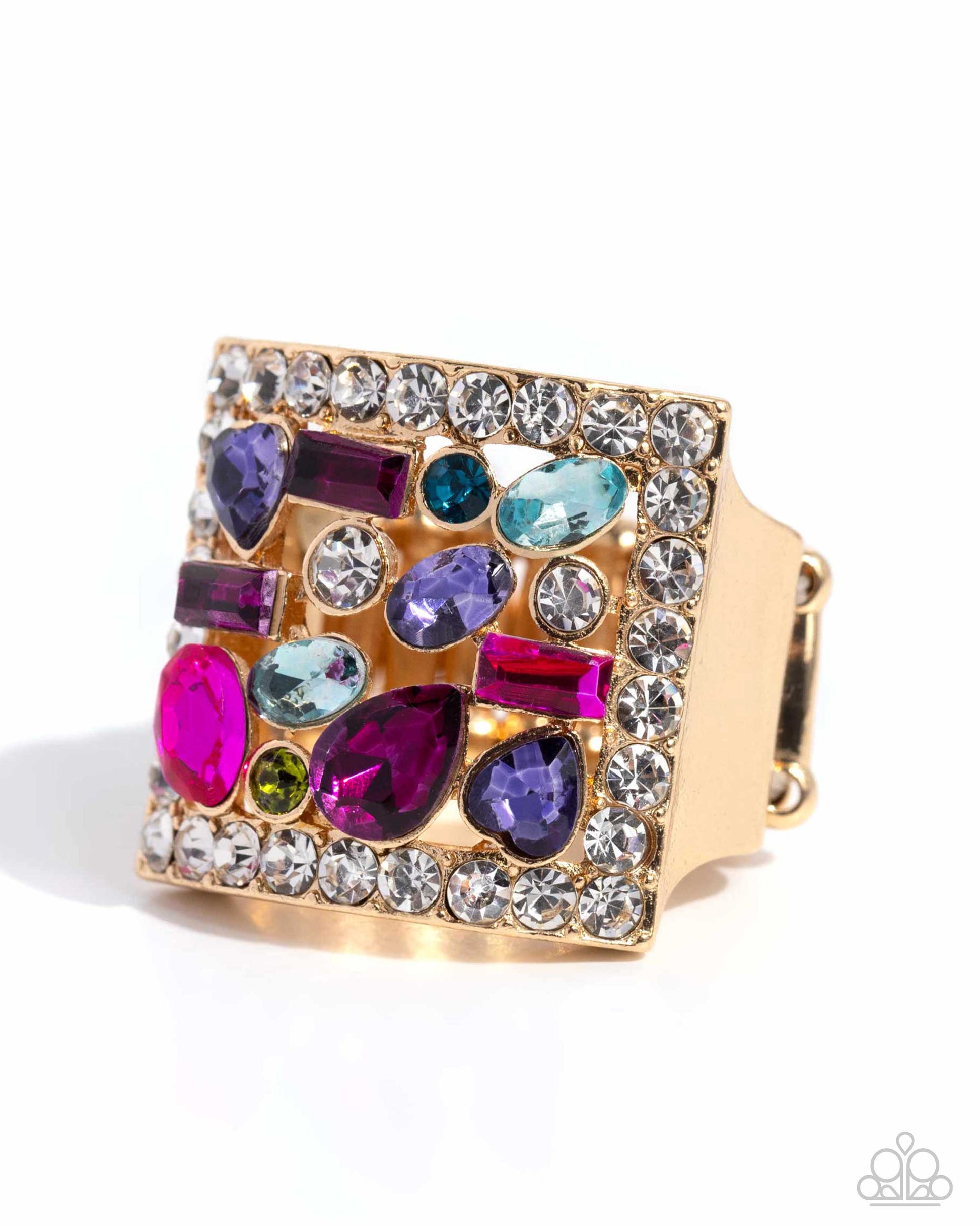 Framed Finesse Multi Ring - Paparazzi Accessories (June 2024 LOP)  Bordered in dainty white rhinestones, an exaggerated, airy gold square frame glistens atop the finger. Scattered through its airy middle, a collection of multicolored gems and rhinestones in various cuts completes the look with a dramatic flair. Features a stretchy band for a flexible fit.  Sold as one individual ring.  Item #P4RE-MTXX-059XX