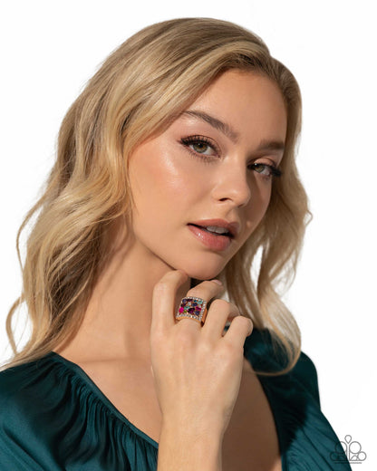 Framed Finesse Multi Ring - Paparazzi Accessories (June 2024 LOP)  Bordered in dainty white rhinestones, an exaggerated, airy gold square frame glistens atop the finger. Scattered through its airy middle, a collection of multicolored gems and rhinestones in various cuts completes the look with a dramatic flair. Features a stretchy band for a flexible fit.  Sold as one individual ring.  Item #P4RE-MTXX-059XX