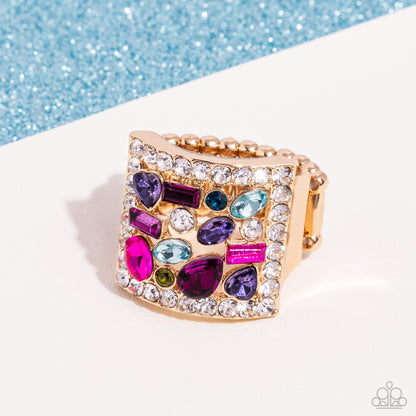 Framed Finesse Multi Ring - Paparazzi Accessories (June 2024 LOP)  Bordered in dainty white rhinestones, an exaggerated, airy gold square frame glistens atop the finger. Scattered through its airy middle, a collection of multicolored gems and rhinestones in various cuts completes the look with a dramatic flair. Features a stretchy band for a flexible fit.  Sold as one individual ring.  Item #P4RE-MTXX-059XX