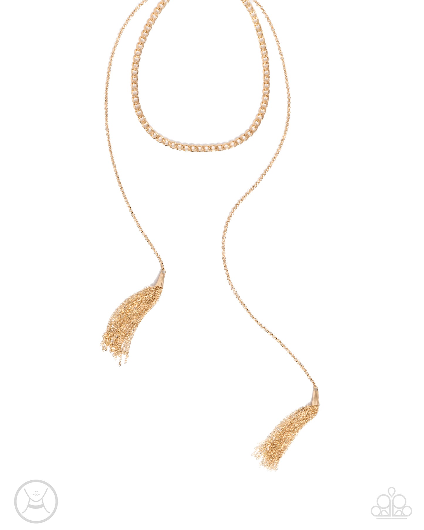 Tassel Theme Gold Necklace - Paparazzi Accessories  Boasting a glistening sheen, a gold curb chain loops around the collar for a classic, cutting-edge look. A duo of dainty tassels, featuring a cascade of classic chains drips beside the curbed display on dainty gold chains for a touch of feminine movement and whimsy. Features an adjustable clasp closure.  Sold as one individual choker necklace. Includes one pair of matching earrings.  P2CH-GDXX-137XX