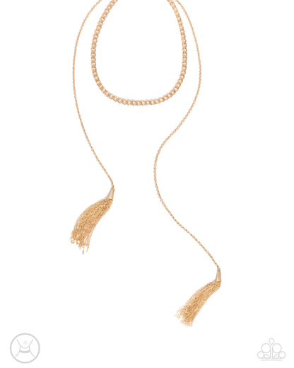 Tassel Theme Gold Necklace - Paparazzi Accessories  Boasting a glistening sheen, a gold curb chain loops around the collar for a classic, cutting-edge look. A duo of dainty tassels, featuring a cascade of classic chains drips beside the curbed display on dainty gold chains for a touch of feminine movement and whimsy. Features an adjustable clasp closure.  Sold as one individual choker necklace. Includes one pair of matching earrings.  P2CH-GDXX-137XX