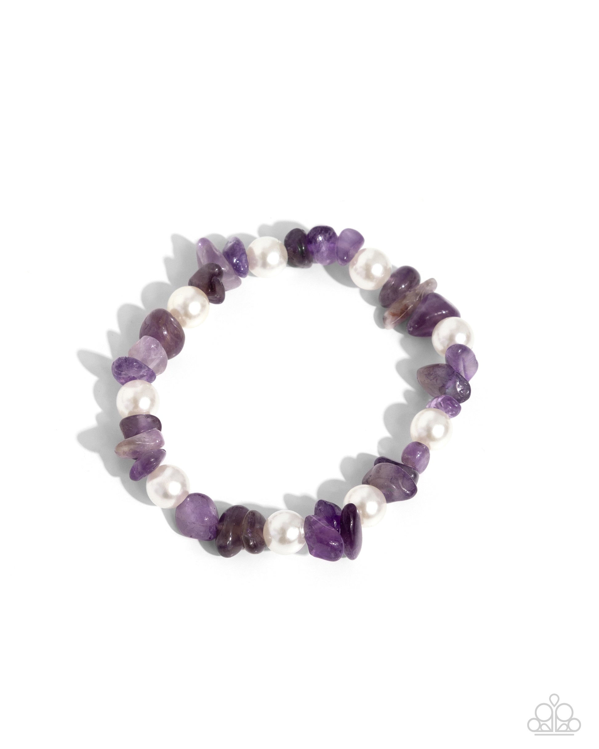 Robust Refinement Purple Stretch Bracelet - Paparazzi Accessories  A collection of amethyst stones and white pearls are infused along an elastic stretchy band for a refined, tranquil statement. As the stone elements in this piece are natural, some color variation is normal.  Sold as one individual bracelet.  SKU: P9SE-PRXX-204WV   Get The Complete Look! Necklace: "Nostalgically Noble - Purple" (Sold Separately)