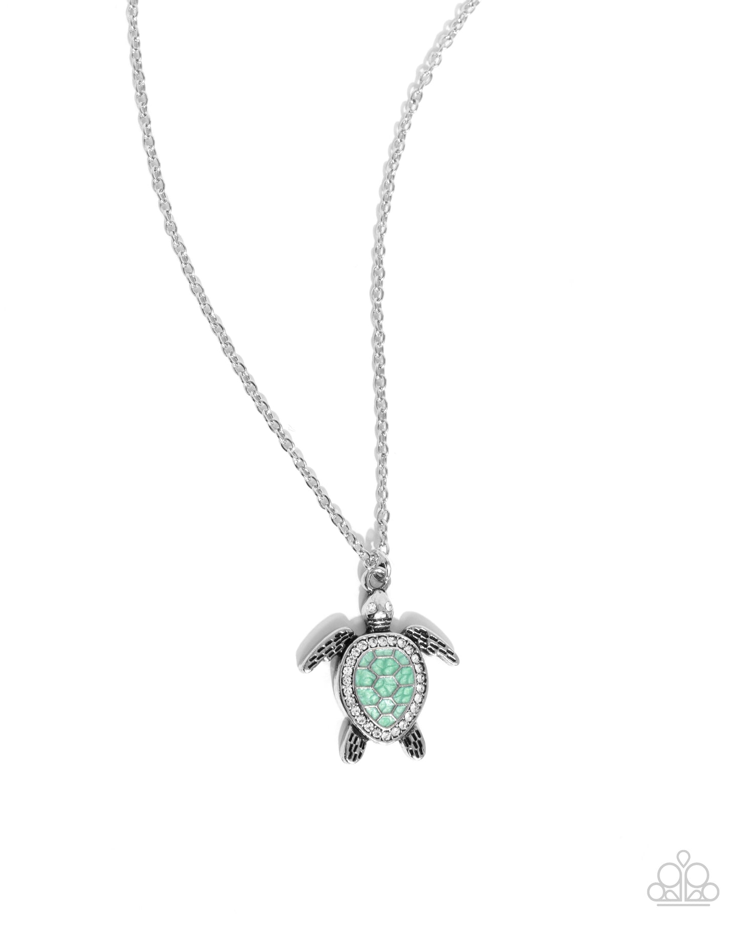 Turtle Tourist Green Necklace - Paparazzi Accessories  Swimming along a dainty silver chain, an oversized silver turtle pendant with a Grass Green pearl-painted and white rhinestone embellished shell and eyes shimmers below the neckline for a classic, coastal look. Features an adjustable clasp closure.  Sold as one individual necklace. Includes one pair of matching earrings.  SKU: P2DA-GRXX-132XX