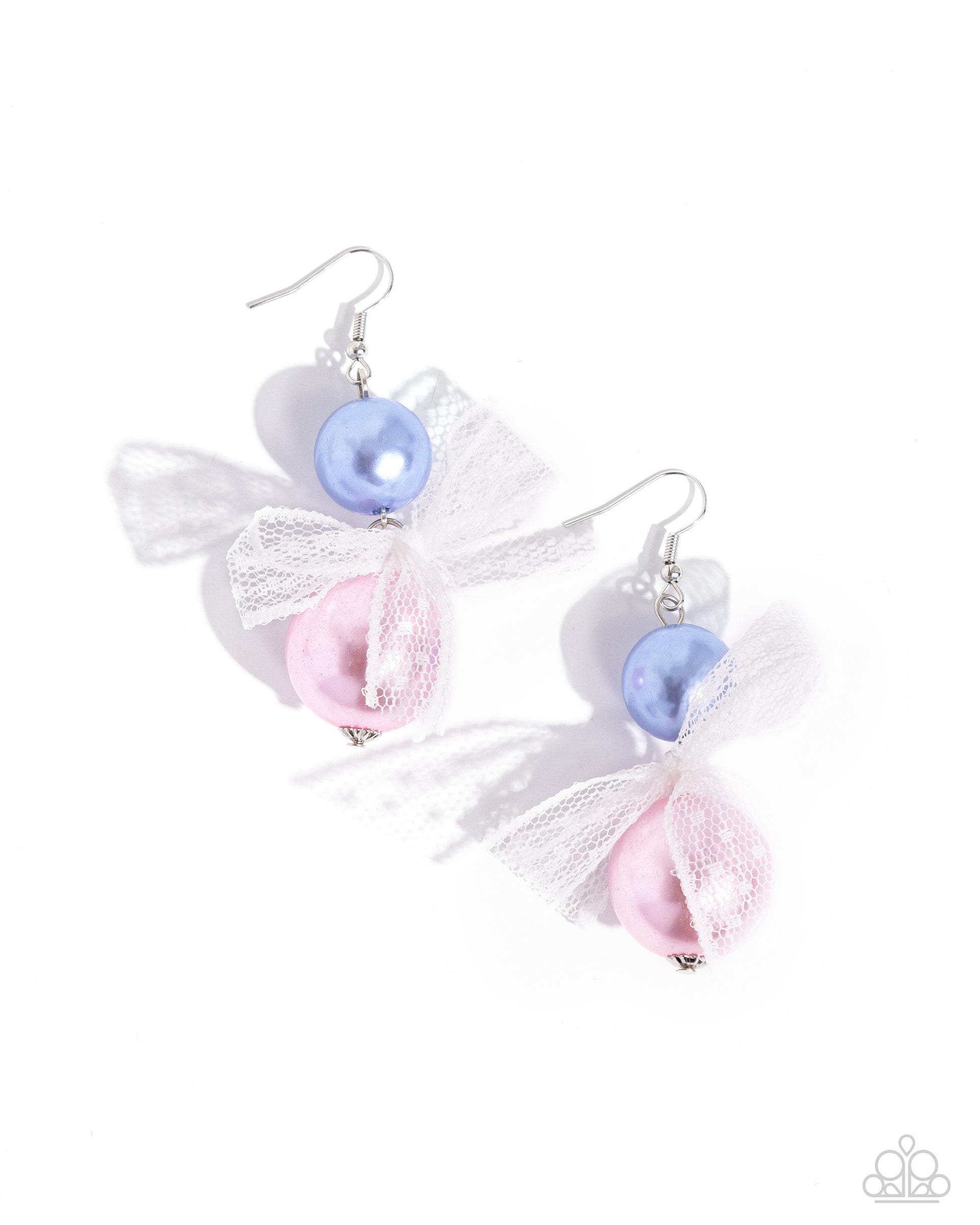 Elegance Ease Multi Pearl Earring - Paparazzi Accessories Two glossy pearls one in blue and one in pink stack atop one another while an airy, chiffon white ribbon is tied in the center of the pearls for a refined finish. Earring attaches to a standard fishhook fitting. Sold as one pair of earrings. SKU: P5RE-MTXX-135VV Get The Complete Look! Bracelet: "Girly Glam - Multi" (Sold Separately)