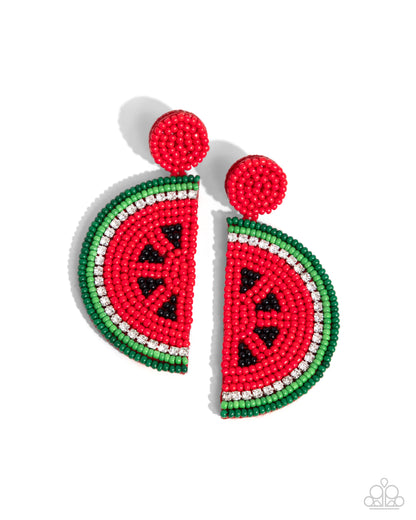 Watermelon Welcome Red Seed Bead Post Earring - Paparazzi Accessories  A red seed bead post gives way to a watermelon-like pendant formed from various red, green, and black seed beads. A row of glistening white rhinestones forms along the rind of the watermelon for a touch of sparkle. Earring attaches to a standard post fitting.  Sold as one pair of post earrings.  P5PO-RDXX-059XX