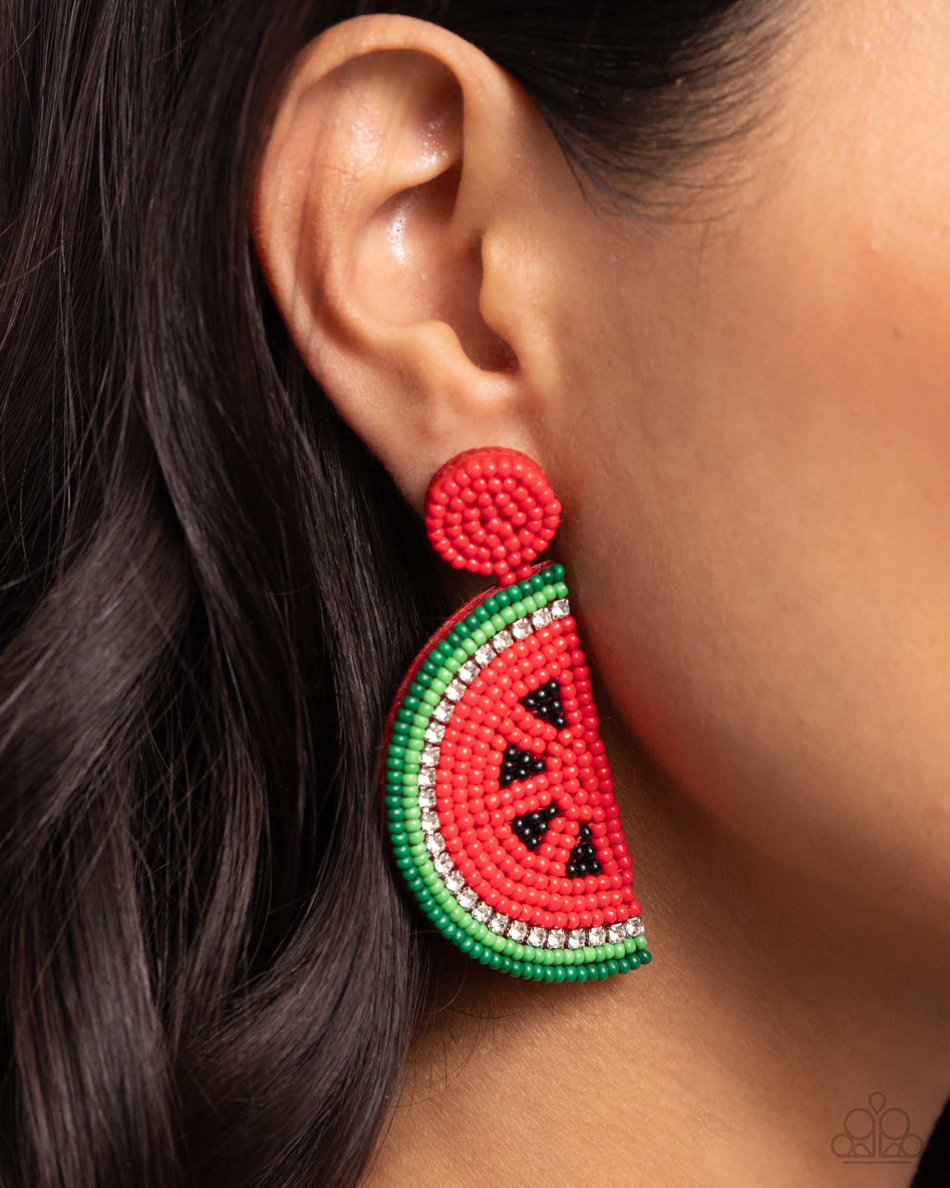 Watermelon Welcome Red Seed Bead Post Earring - Paparazzi Accessories  A red seed bead post gives way to a watermelon-like pendant formed from various red, green, and black seed beads. A row of glistening white rhinestones forms along the rind of the watermelon for a touch of sparkle. Earring attaches to a standard post fitting.  Sold as one pair of post earrings.  P5PO-RDXX-059XX
