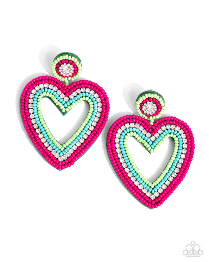 Headfirst Heart Green Seed Bead Post Earring - Paparazzi Accessories Revolving around a white gem center, a collection of apple green and hot pink seed beads and dainty white rhinestones creates a colorful post that gives way to a heart silhouette also embellished in hot pink, apple green, and tiffany seed beads, and white rhinestones for a Sunset-inspired display. Earring attaches to a standard post fitting. Sold as one pair of post earrings. P5PO-GRXX-057XX