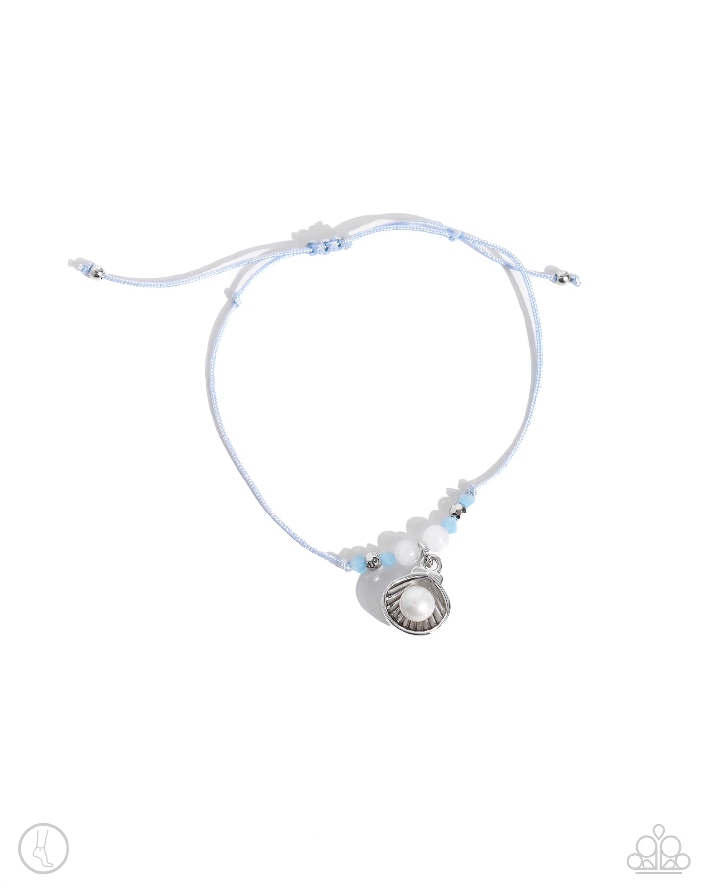 Oyster Overture Blue Anklet - Paparazzi Accessories Centered along the knots of a light blue braided cord, a collection of textured silver and cloudy beads, and a pearl centered in a silver oyster shell wraps around the ankle for a beachy basic. Features an adjustable sliding knot closure. Sold as one individual anklet. P9AN-BLXX-049XX