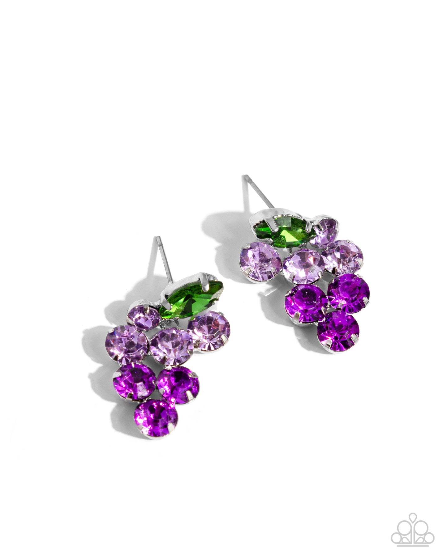 Grapevine Grace Purple Post Earring - Paparazzi Accessories  Pronged in silver fittings, a collection of round light purple rhinestones fade to darker purple rhinestones with a solitaire green marquise-cut leaf for an ombré, glittery grape-inspired display. Earring attaches to a standard post fitting.  Sold as one pair of post earrings.  P5PO-PRXX-034XX