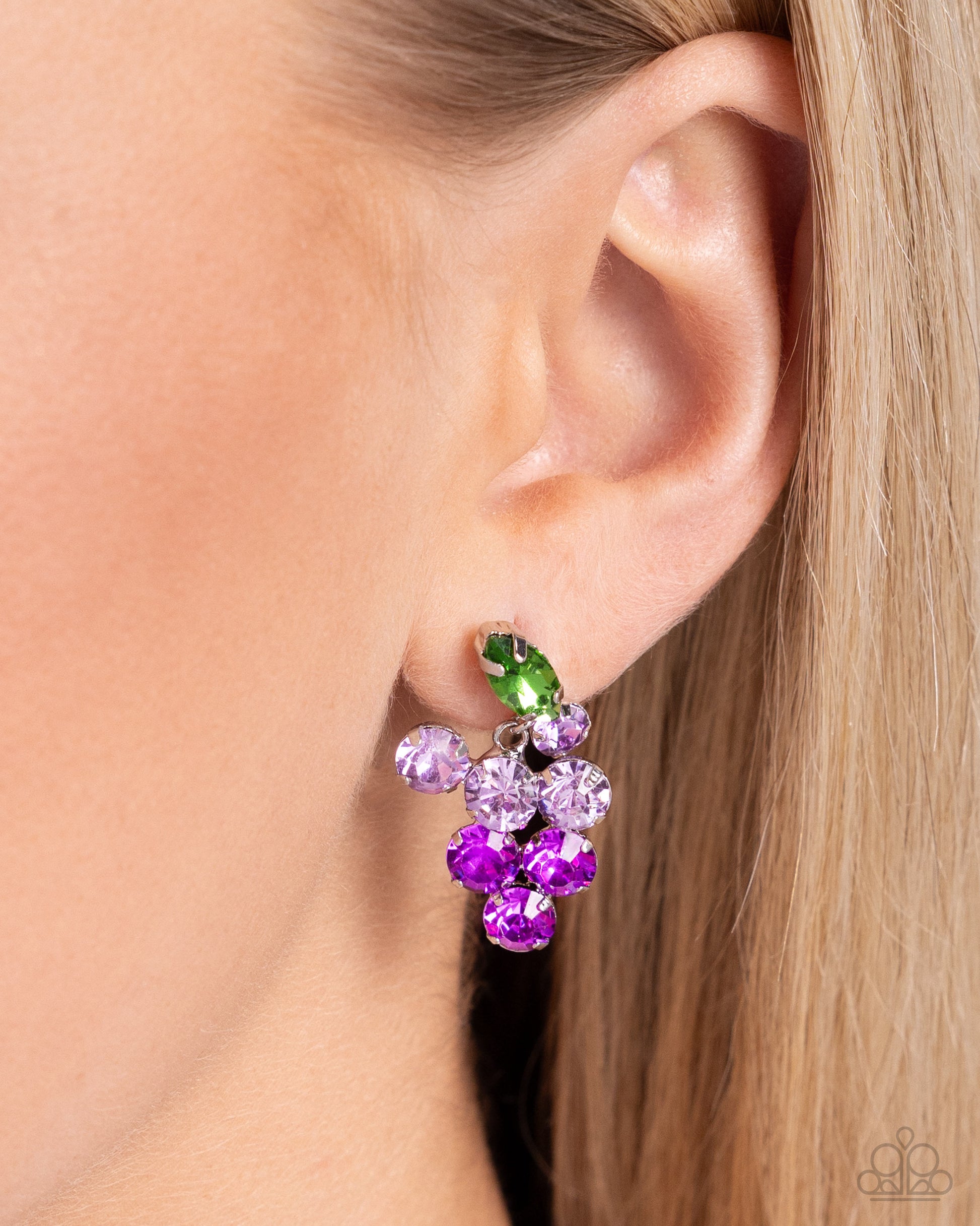 Grapevine Grace Purple Post Earring - Paparazzi Accessories  Pronged in silver fittings, a collection of round light purple rhinestones fade to darker purple rhinestones with a solitaire green marquise-cut leaf for an ombré, glittery grape-inspired display. Earring attaches to a standard post fitting.  Sold as one pair of post earrings.  P5PO-PRXX-034XX