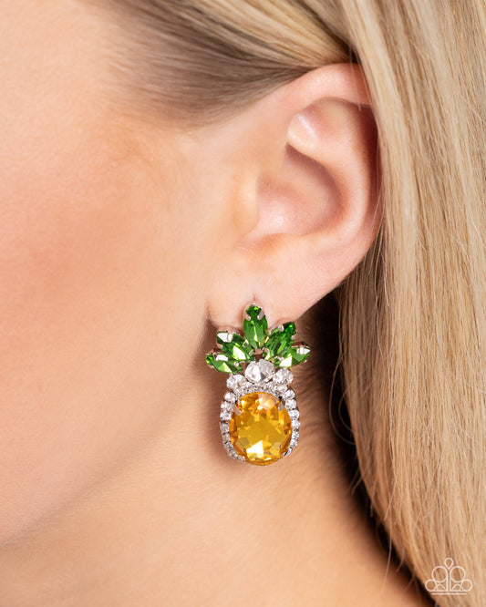 Prismatic Pineapple Yellow Post Earring - Paparazzi Accessories  Featuring a pineapple motif, a collection of green marquise-cut faceted gems, white gems, dainty white rhinestones, and silver-pronged yellow oval gems creates a summery statement at the ear. Earring attaches to a standard post fitting.  Sold as one pair of post earrings.  P5PO-YWXX-044XX