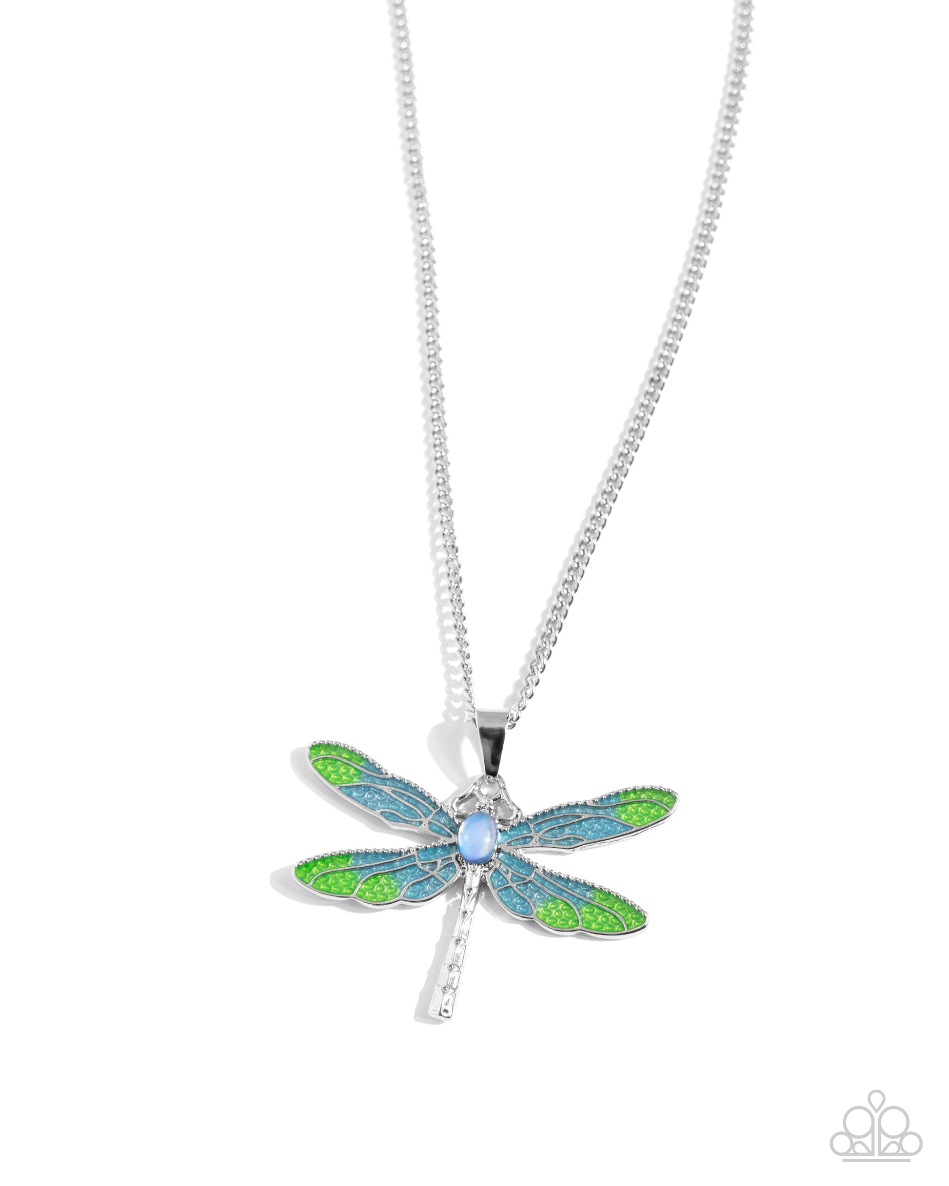 DRAGONFLY to the Sky Blue Necklace - Paparazzi Accessories Featuring a classic silver chain, a Capri Blue and light green painted silver dragonfly pendant glides along the neckline for a colorfully rustic centerpiece. An opalescent blue oval bead is pressed in the center of the display while textured silver connects and creates the rest of the dragonfly's body for additional eye-catching color and character. Features an adjustable clasp closure. Includes one pair of matching earrings. P2RE-BLXX-439XX
