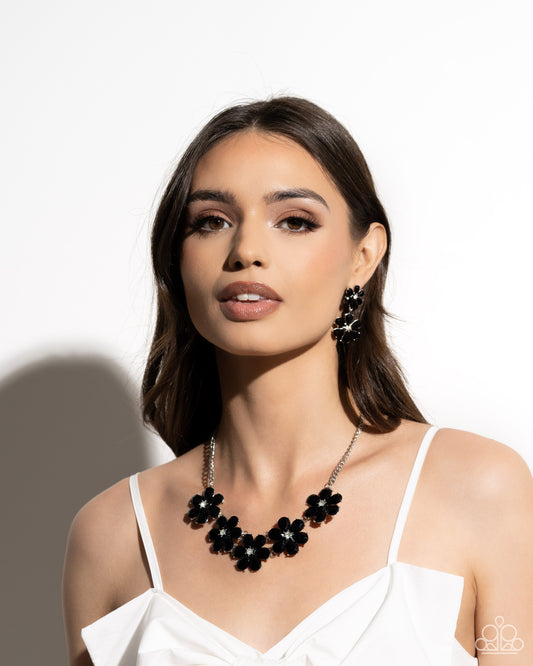 Floral Fun Black Flower Necklace & Bracelet Set - Paparazzi Accessories SKU: P2ST-BKXX-237XK SKU: P5PO-BKXX-240XK