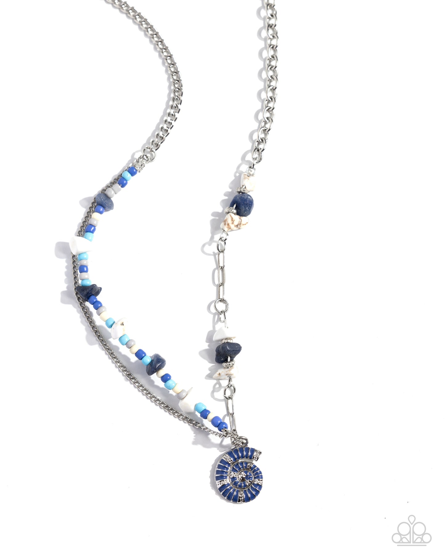 Spiraling Seafloor Blue Necklace - Paparazzi Accessories Infused along an abstract silver chain, a collection of silver studs, lapis, and white stones, and ivory, gray, light blue, and marlin seed beads coalesce below the neckline. A Marlin-painted silver spiral seashell cascades from the display for a charming, coastal finish. Features an adjustable clasp closure. As the stone elements in this piece are natural, some color variation is normal. SKU: P2SE-BLXX-562XX