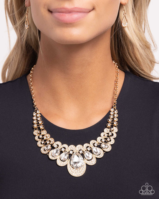 Infinite Idol Gold Necklace - Paparazzi Accessories  Pressed in thin, curly gold infinity-like frames, solitaire white rhinestones gradually elongate into faceted shimmery teardrop gems. A collection of dainty, airy white rhinestones dusts the caps of each teardrop frame for additional glitz and glamor. Features an adjustable clasp closure.  Sold as one individual necklace. Includes one pair of matching earrings.  P2ST-GDXX-174XX