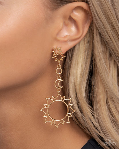 Celestial Chic Gold Post Earring - Paparazzi Accessories  Three-dimensional gold star frames that stack atop one another give way to an airy gold crescent moon and oversized gold sun pendant as they delicately link into a stellar tassel, resulting in an out-of-this-world fashion. Earring attaches to a standard post fitting.  Sold as one pair of post earrings.  P5PO-GDXX-307XX
