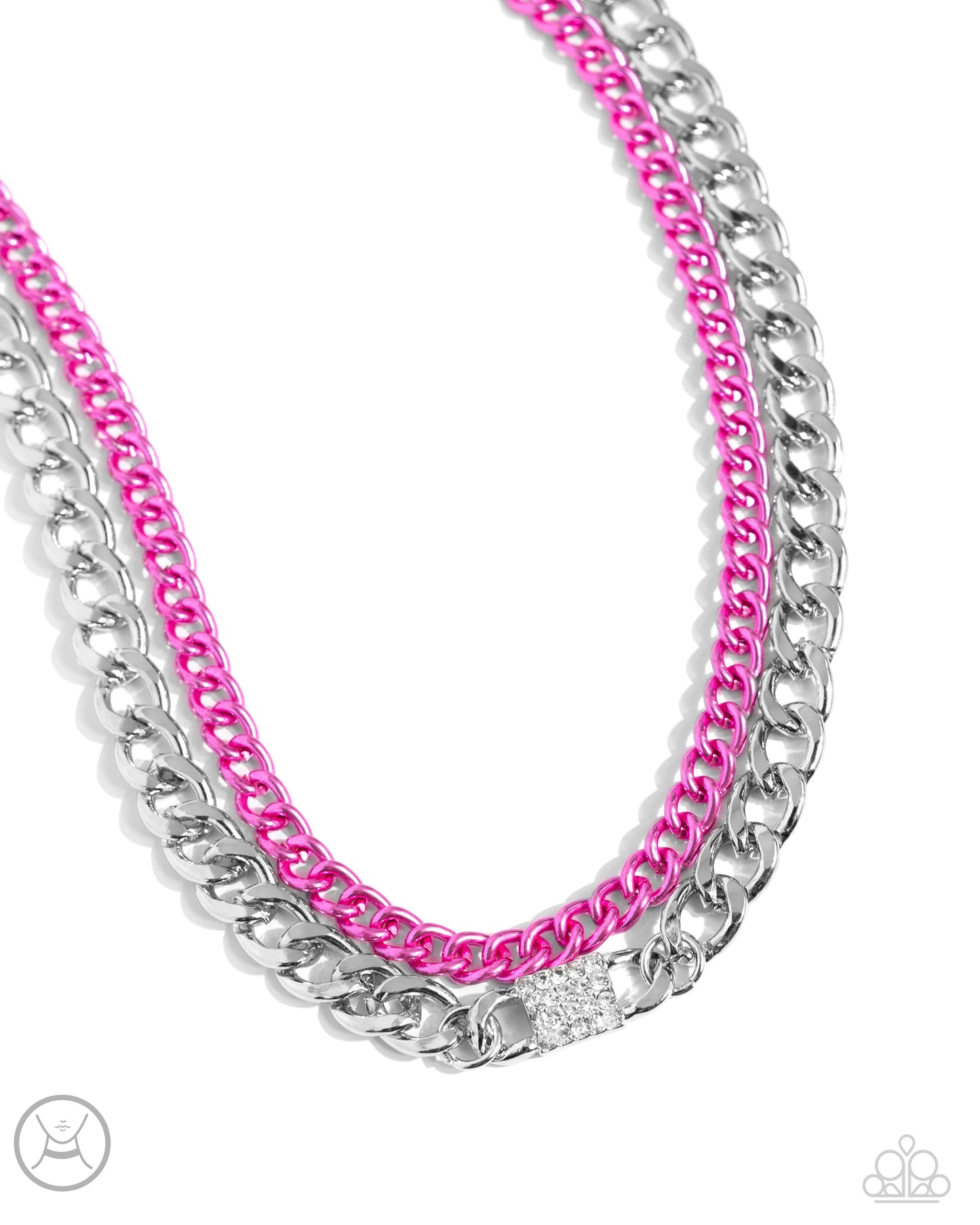 Exaggerated Effort Pink Choker Necklace - Paparazzi Accessories Dipped in an electric pink hue, a classic chain joins a dramatic silver curb chain, layering below the collar in a fierce fashion. White rhinestones adorn the surface of a square pendant that is centered in the glistening silver curb chain, adding a timeless shimmer to the show-stopping piece. Features an adjustable clasp closure. Sold as one individual choker necklace. Includes one pair of matching earrings. SKU: P2CH-PKXX-040XX