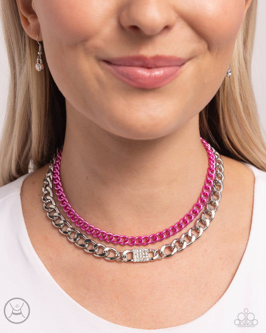 Exaggerated Effort Pink Choker Necklace - Paparazzi Accessories Dipped in an electric pink hue, a classic chain joins a dramatic silver curb chain, layering below the collar in a fierce fashion. White rhinestones adorn the surface of a square pendant that is centered in the glistening silver curb chain, adding a timeless shimmer to the show-stopping piece. Features an adjustable clasp closure. Sold as one individual choker necklace. Includes one pair of matching earrings. SKU: P2CH-PKXX-040XX