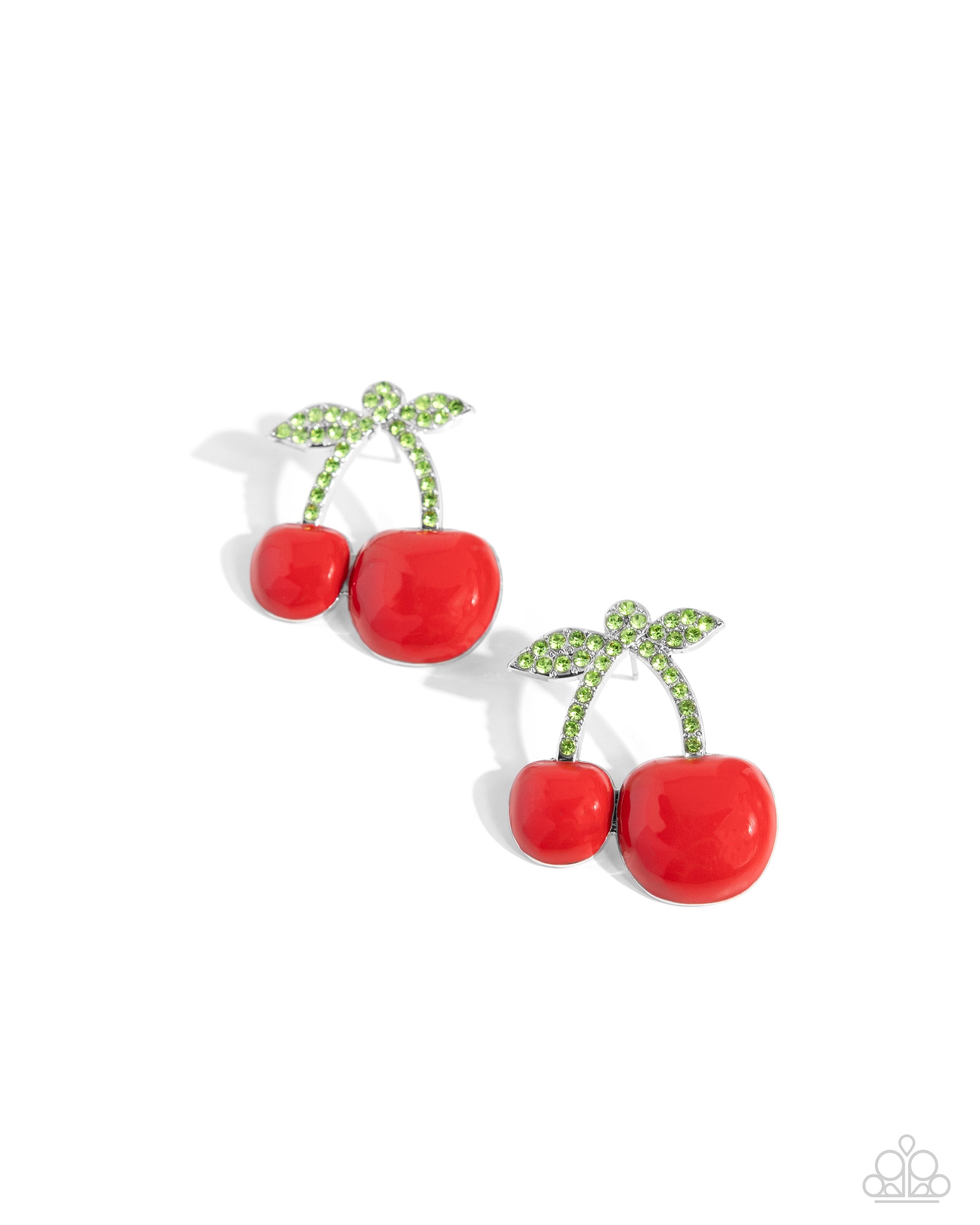 Charming Cherries Red Post Earring - Paparazzi Accessories  Embellished in light green rhinestones, silver stems featuring a vibrant duo of red cherries in varying sizes hang below the ear for a fantastic fruity display. Earring attaches to a standard post fitting.  Sold as one pair of post earrings.  SKU: P5PO-RDXX-064XX