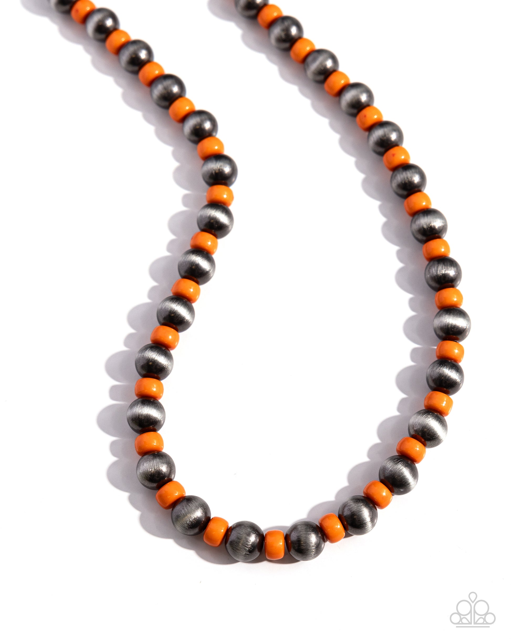Contemporary Confidence Orange Necklace - Paparazzi Accessories  Infused along an invisible string, a collection of Orangeade discs alternates with textured, high-sheen silver beads for a pop of contemporary color along the neckline. Features an adjustable clasp closure.  Sold as one individual necklace. Includes one pair of matching earrings.  SKU: P2SE-OGXX-305XX
