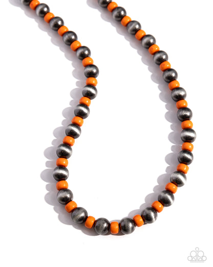 Contemporary Confidence Orange Necklace - Paparazzi Accessories  Infused along an invisible string, a collection of Orangeade discs alternates with textured, high-sheen silver beads for a pop of contemporary color along the neckline. Features an adjustable clasp closure.  Sold as one individual necklace. Includes one pair of matching earrings.  SKU: P2SE-OGXX-305XX