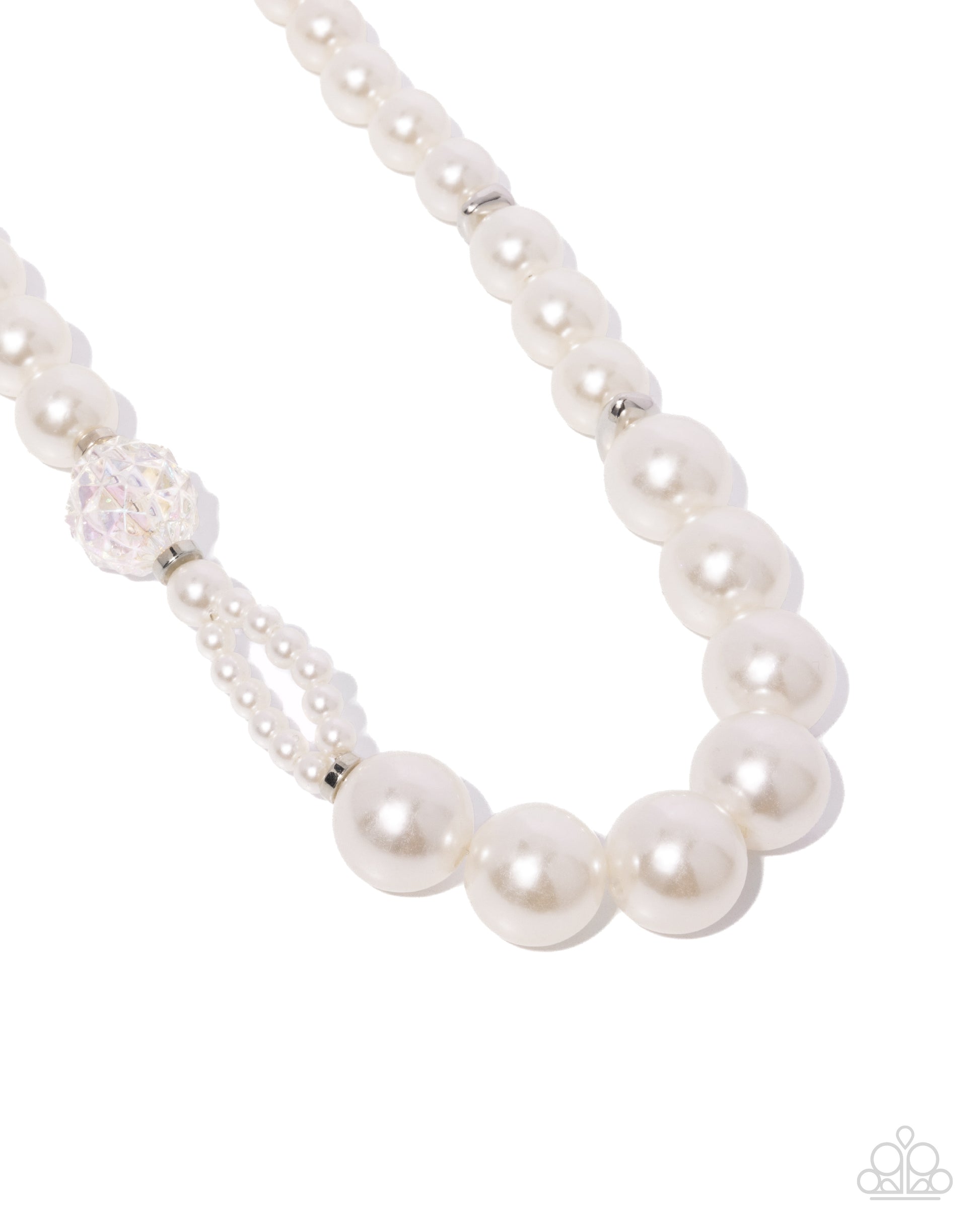 Crystal Class White Pearl Necklace - Paparazzi Accessories Infused along an invisible string, a collection of oversized glossy white pearls and silver rings that are interspersed throughout the design loop around the neckline. A crystal-like, multi-faceted bead and dainty double-stranded pearls attach to one side of the design for additional interest and appeal. Features an adjustable clasp closure. Sold as one individual necklace. Includes one pair of matching earrings. P2ST-WTXX-157XX