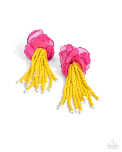 Cinderella Charisma Multi Seed Bead Post Earring - Paparazzi Accessories  Dainty, hot pink tulle ribbon arranges into a beautiful floral centerpiece, giving way to copious strands of bright yellow seed beads for a fairytale-inspired look. Bright white seed beads cap each end of the yellow beaded strands for a final flourish of color. Earring attaches to a standard post fitting.  Sold as one pair of post earrings.  SKU: P5PO-MTPK-129XX
