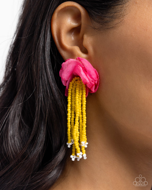 Cinderella Charisma Multi Seed Bead Post Earring - Paparazzi Accessories  Dainty, hot pink tulle ribbon arranges into a beautiful floral centerpiece, giving way to copious strands of bright yellow seed beads for a fairytale-inspired look. Bright white seed beads cap each end of the yellow beaded strands for a final flourish of color. Earring attaches to a standard post fitting.  Sold as one pair of post earrings.  SKU: P5PO-MTPK-129XX