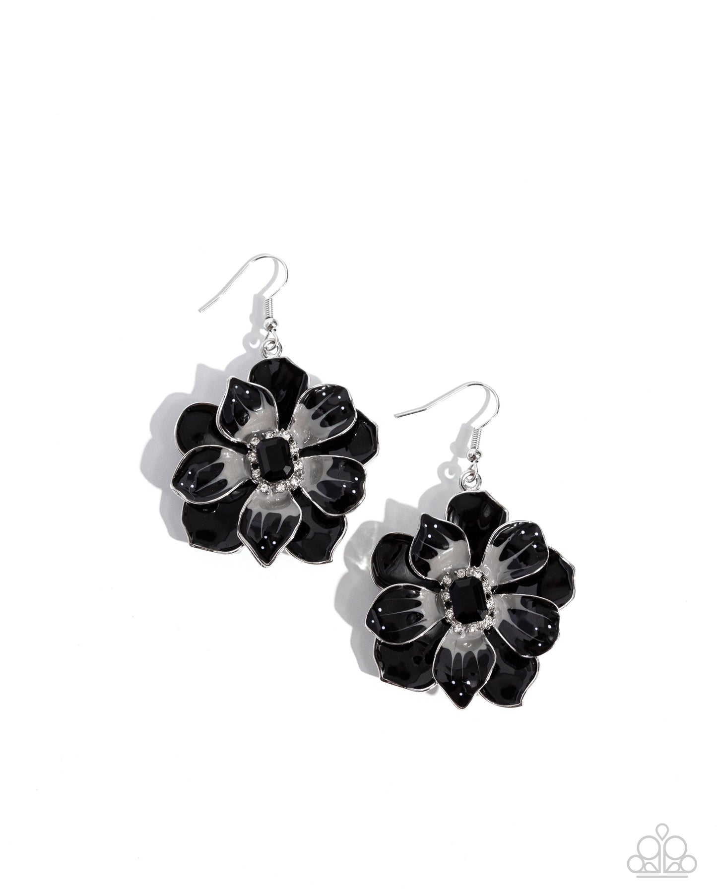 Tropical Treasure Black Flower Earring - Paparazzi Accessories  Featuring a border of white rhinestones, an emerald-cut black bead glimmers from the center of a black and gray-patterned tropical flower. A larger black flower blooms and frames the shimmery flower for a three-dimensional finish. Earring attaches to a standard fishhook fitting.  Sold as one pair of earrings.  P5RE-BKXX-458XX