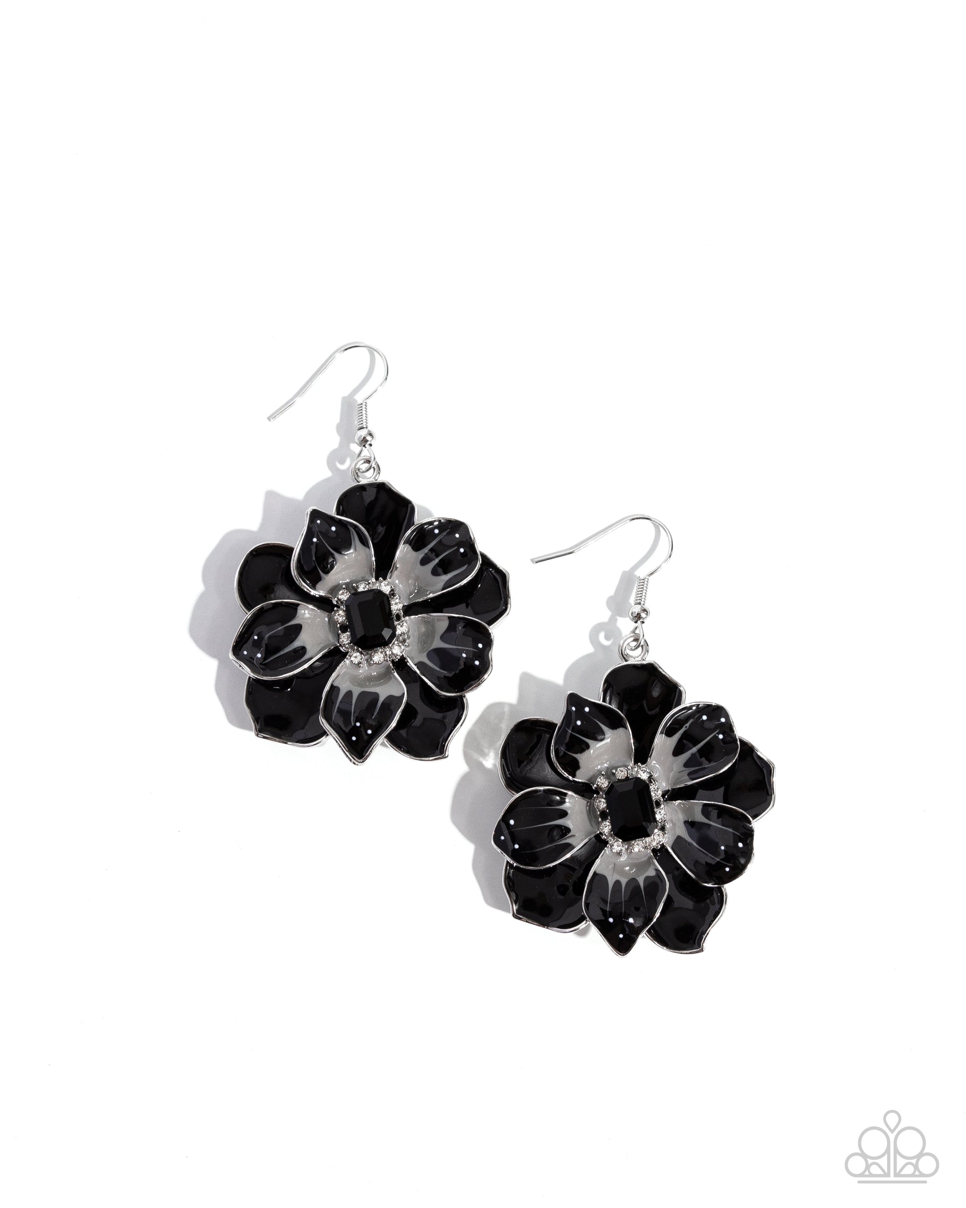 Tropical Treasure Black Flower Earring - Paparazzi Accessories  Featuring a border of white rhinestones, an emerald-cut black bead glimmers from the center of a black and gray-patterned tropical flower. A larger black flower blooms and frames the shimmery flower for a three-dimensional finish. Earring attaches to a standard fishhook fitting.  Sold as one pair of earrings.  P5RE-BKXX-458XX