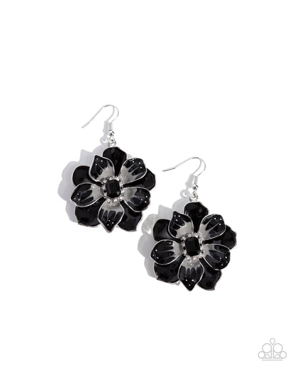 Tropical Treasure Black Flower Earring - Paparazzi Accessories  Featuring a border of white rhinestones, an emerald-cut black bead glimmers from the center of a black and gray-patterned tropical flower. A larger black flower blooms and frames the shimmery flower for a three-dimensional finish. Earring attaches to a standard fishhook fitting.  Sold as one pair of earrings.  P5RE-BKXX-458XX