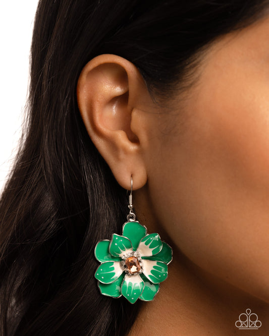 Tropical Treasure Green Flower Earring - Paparazzi Accessories  Featuring a border of white rhinestones, an emerald-cut light peach gem glimmers from the center of a Mint and white-patterned tropical flower. A larger Mint flower blooms and frames the shimmery flower for a three-dimensional finish. Earring attaches to a standard fishhook fitting.  Sold as one pair of earrings.  SKU: P5RE-GRXX-186XX