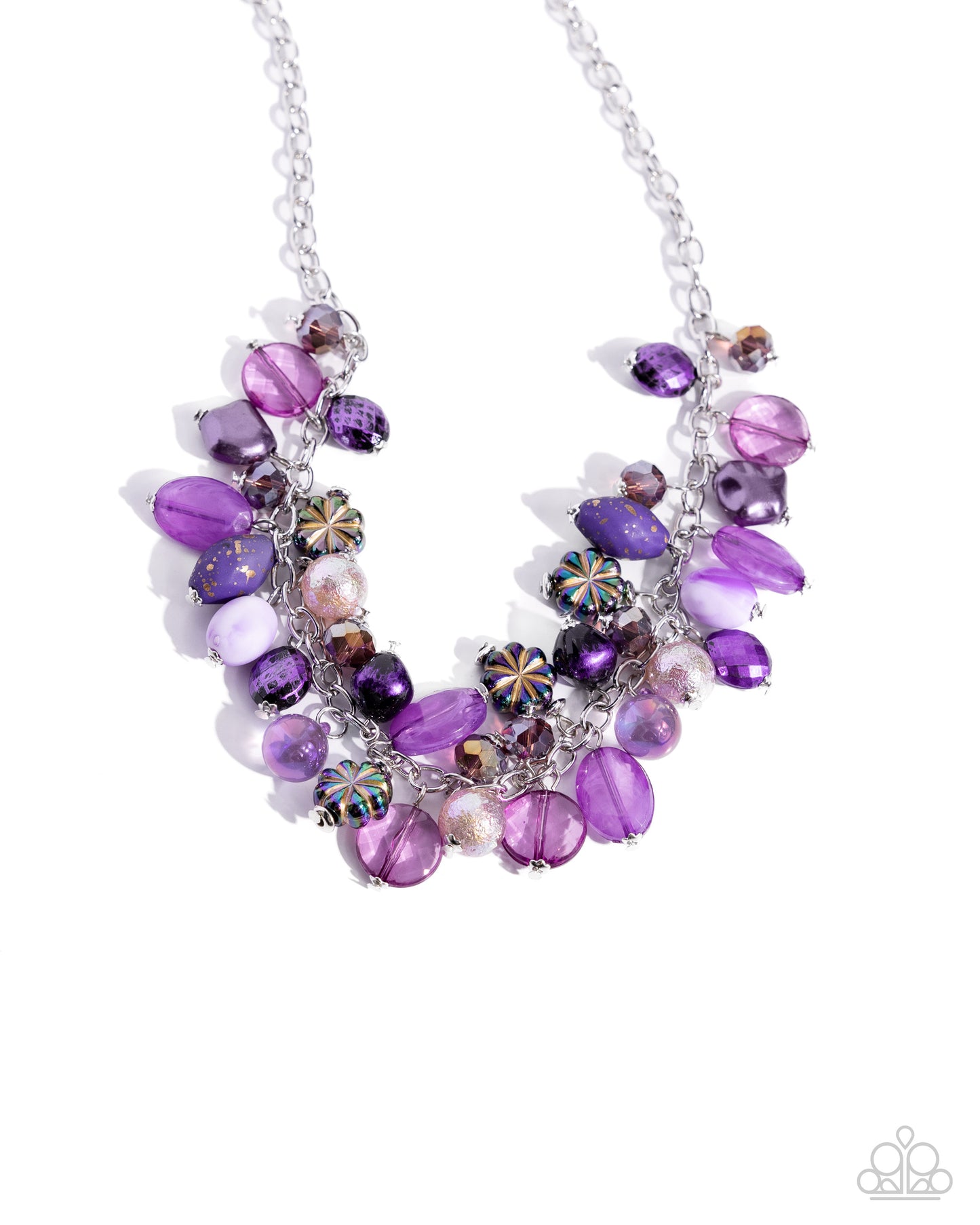 Offbeat Ofrenda Purple Necklace - Paparazzi Accessories  A collection of various purple multicolored beads in various opacities sway and flutter below the neckline from a classic silver chain. Oil spill-dipped floral beads are added along the purple display for a finishing touch of color and charm. Features an adjustable clasp closure. Due to its prismatic palette, color may vary.  Sold as one individual necklace. Includes one pair of matching earrings.  P2WH-PRXX-451XX