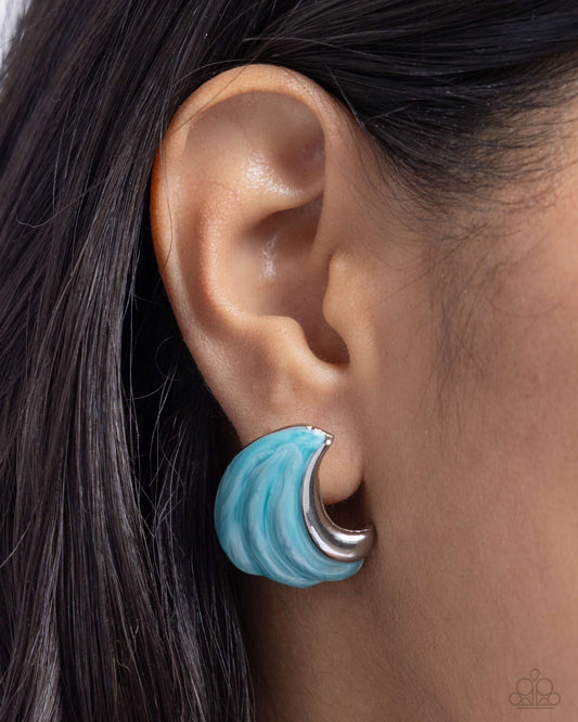 Whimsical Waves Blue Post Earring - Paparazzi Accessories Featuring a Capri pearlized paint, textured silver bars curl up towards the ear in an ocean wave-like manner for a coastal centerpiece. Earring attaches to a standard post fitting. Sold as one pair of post earrings. SKU: P5PO-BLXX-164XX