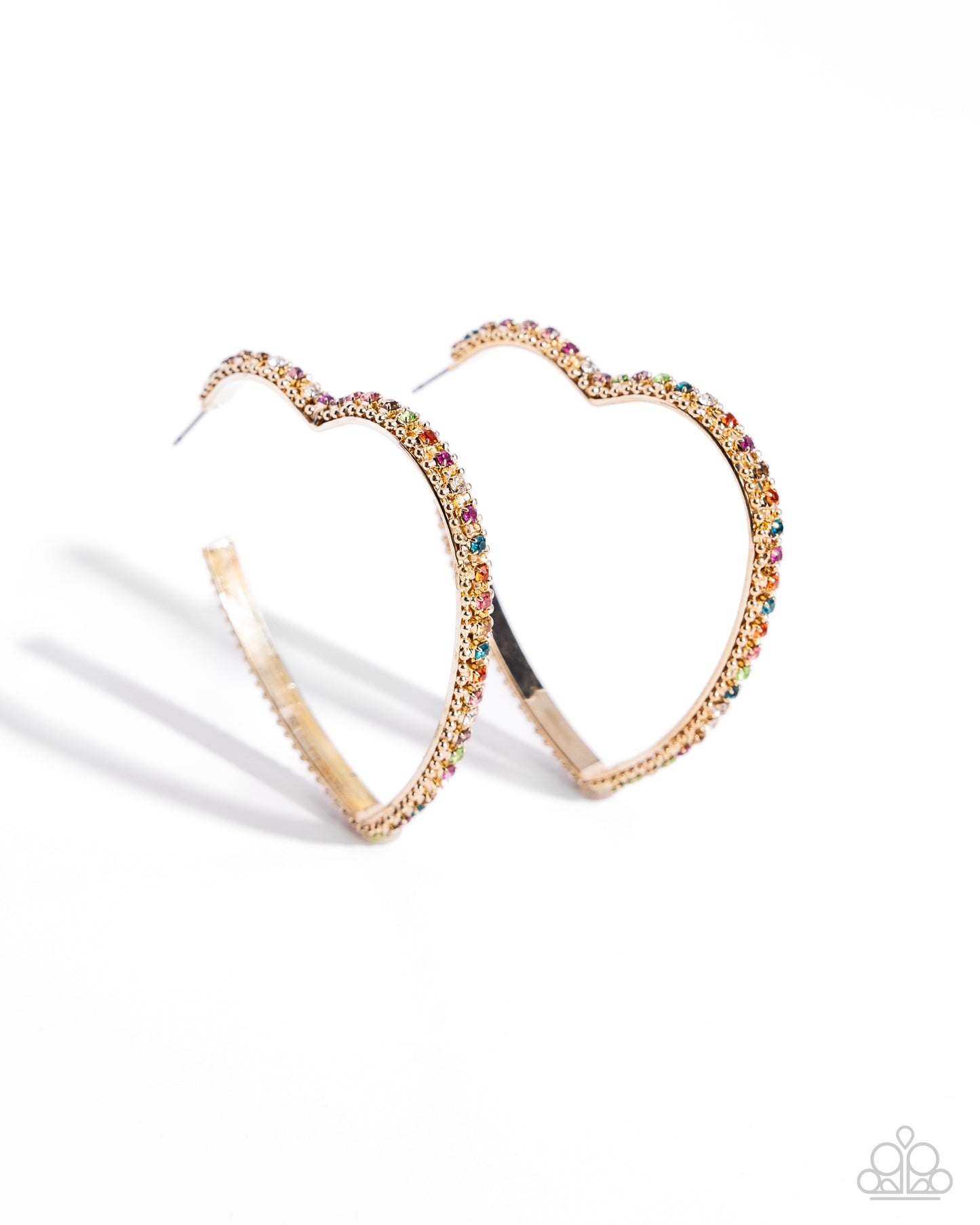 Halftime Hearts Gold Multi Hoop Earring - Paparazzi Accessories  Set in gold lace-like fittings, a collection of multicolored rhinestones curl around a gold heart frame for a feminine display. Earring attaches to a standard post fitting. Hoop measures approximately 2 1/2" in diameter.  Sold as one pair of hoop earrings.  P5HO-MTGD-110XX