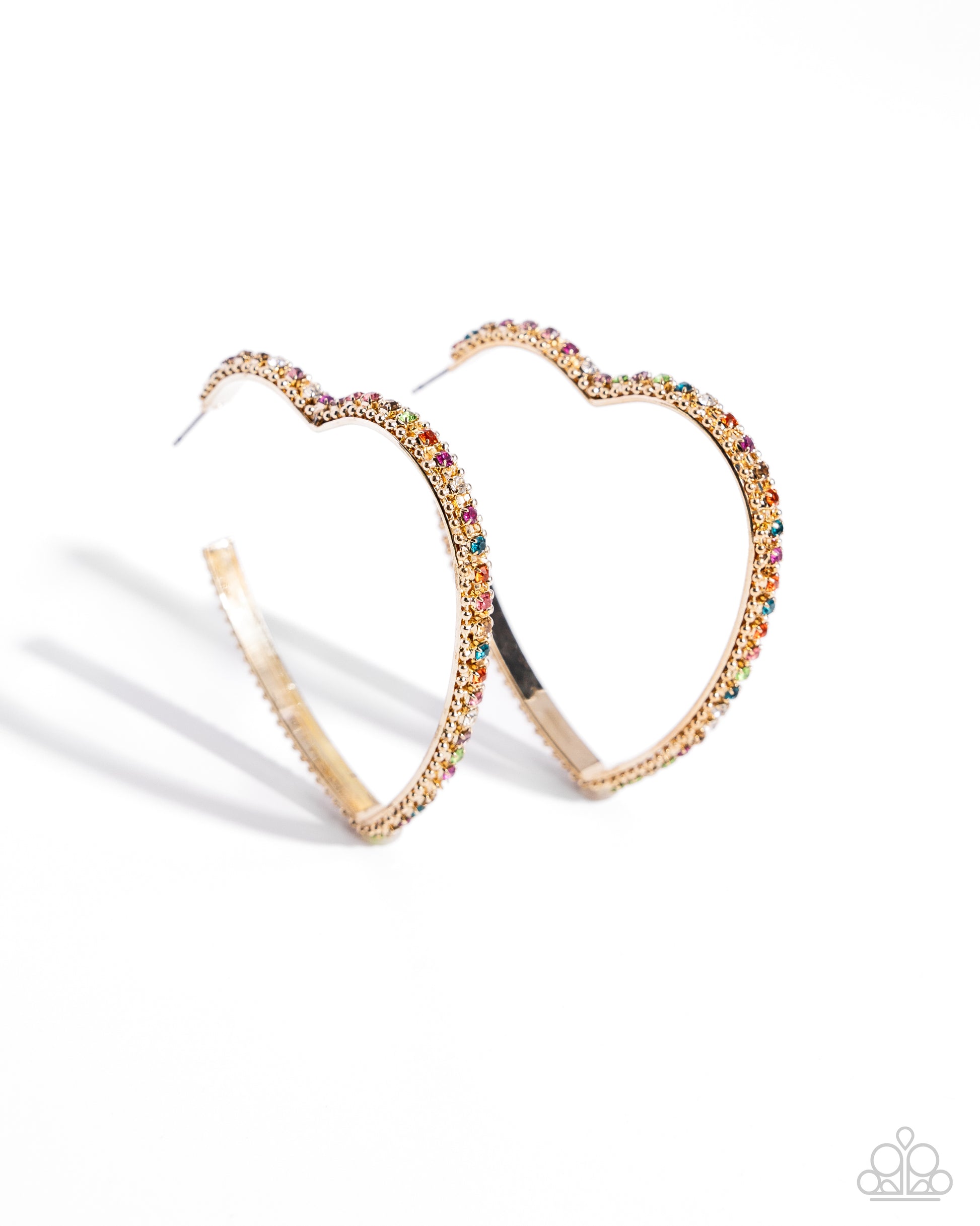 Halftime Hearts Gold Multi Hoop Earring - Paparazzi Accessories  Set in gold lace-like fittings, a collection of multicolored rhinestones curl around a gold heart frame for a feminine display. Earring attaches to a standard post fitting. Hoop measures approximately 2 1/2" in diameter.  Sold as one pair of hoop earrings.  P5HO-MTGD-110XX