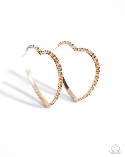 Halftime Hearts Gold Multi Hoop Earring - Paparazzi Accessories  Set in gold lace-like fittings, a collection of multicolored rhinestones curl around a gold heart frame for a feminine display. Earring attaches to a standard post fitting. Hoop measures approximately 2 1/2" in diameter.  Sold as one pair of hoop earrings.  P5HO-MTGD-110XX