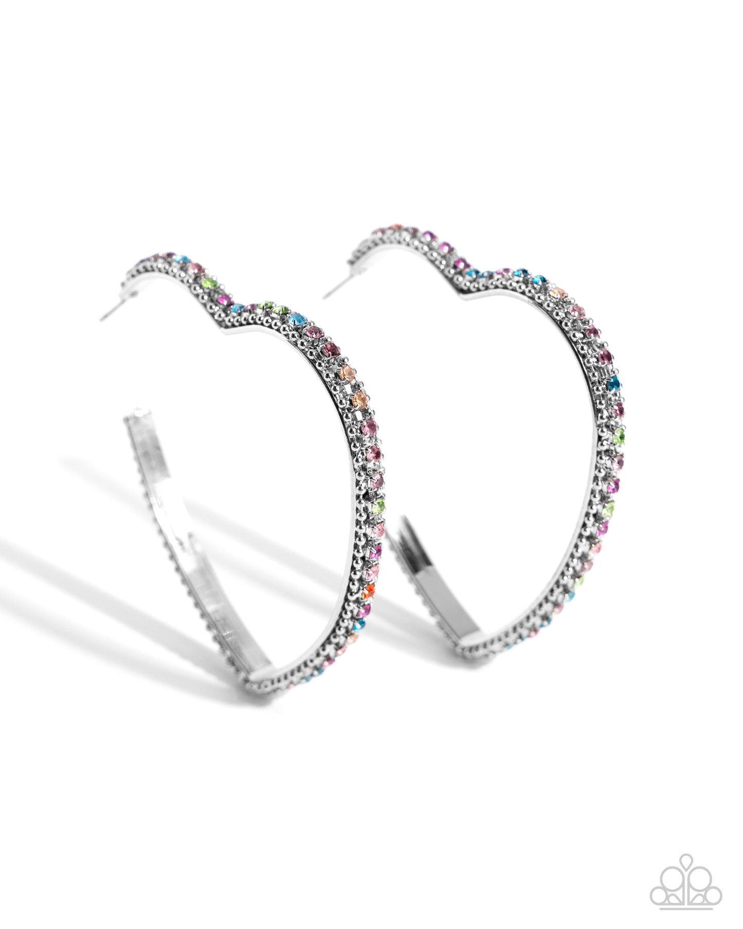 Halftime Hearts Multi Hoop Earring - Paparazzi Accessories  Set in silver lace-like fittings, a collection of multicolored rhinestones curl around a silver heart frame for a feminine display. Earring attaches to a standard post fitting. Hoop measures approximately 2 1/2" in diameter.  Sold as one pair of hoop earrings.  P5HO-MTSV-111XX