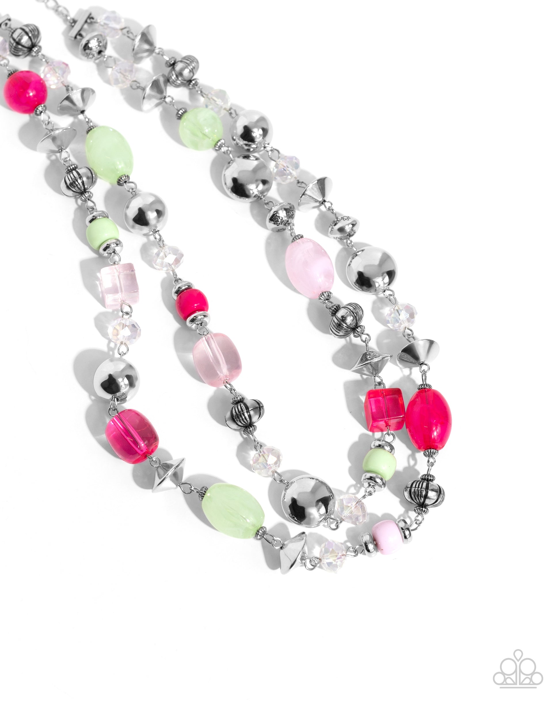 Playful Past Pink Necklace - Paparazzi Accessories  Featuring a variety of opacities, a collection of Pink Peacock, light pink, and Mint beads join various textured silver beads and faceted iridescent beads along the neckline in two layers for a playfully, colorful look. Features an adjustable clasp closure. Due to its prismatic palette, color may vary.  Sold as one individual necklace. Includes one pair of matching earrings.  SKU: P2ST-PKXX-179XX