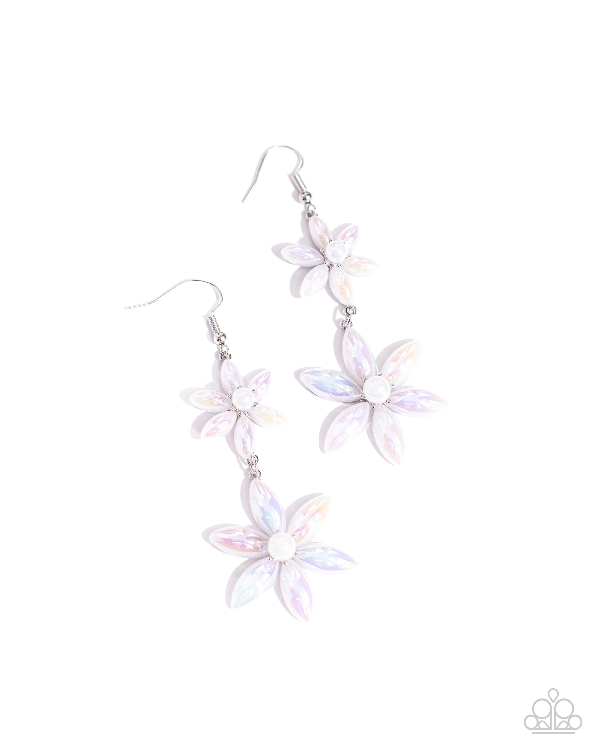 Pearl Posy White Flower Earring - Paparazzi Accessories  Sleek iridescent pearly flowers featuring glassy white pearl centers gradually increase in size as they fall from the ear, infusing the sophisticated design with whimsical movement. Earring attaches to a standard fishhook fitting. Due to its prismatic palette, color may vary.  Sold as one pair of earrings.  P5WH-WTXX-280XX