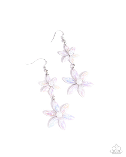 Pearl Posy White Flower Earring - Paparazzi Accessories  Sleek iridescent pearly flowers featuring glassy white pearl centers gradually increase in size as they fall from the ear, infusing the sophisticated design with whimsical movement. Earring attaches to a standard fishhook fitting. Due to its prismatic palette, color may vary.  Sold as one pair of earrings.  P5WH-WTXX-280XX