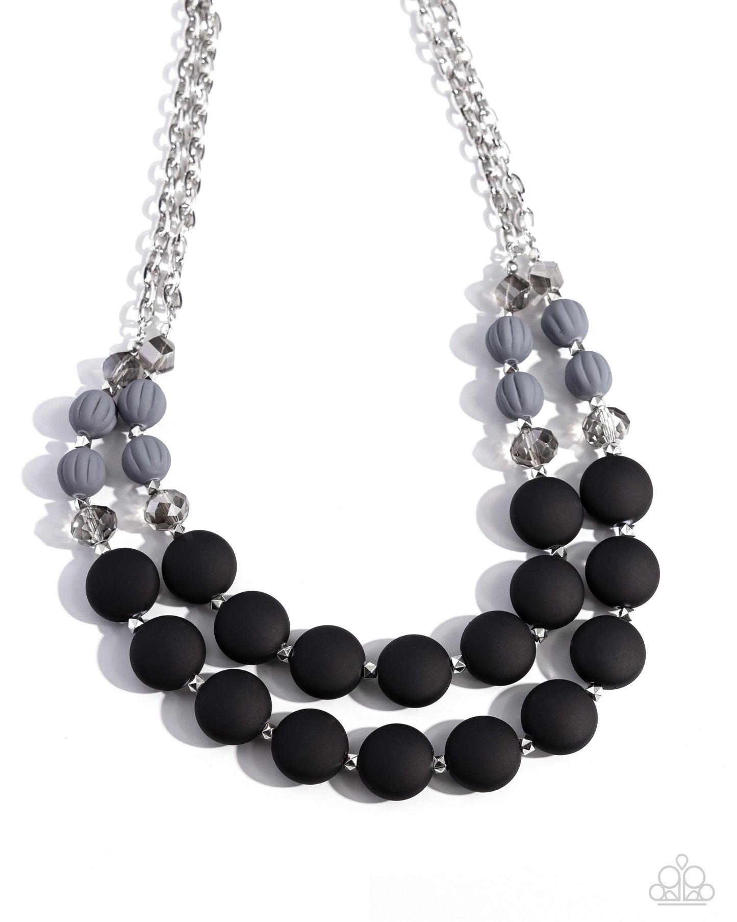 Whimsically Wealthy Black Necklace - Paparazzi Accessories Smoky faceted beads, silver beads, Sharkskin beads, and black matte beads are infused along classic silver chains that layer below the neckline for a colorfully charismatic look. Features an adjustable clasp closure. Sold as one individual necklace. Includes one pair of matching earrings. SKU: P2WH-BKXX-325XX